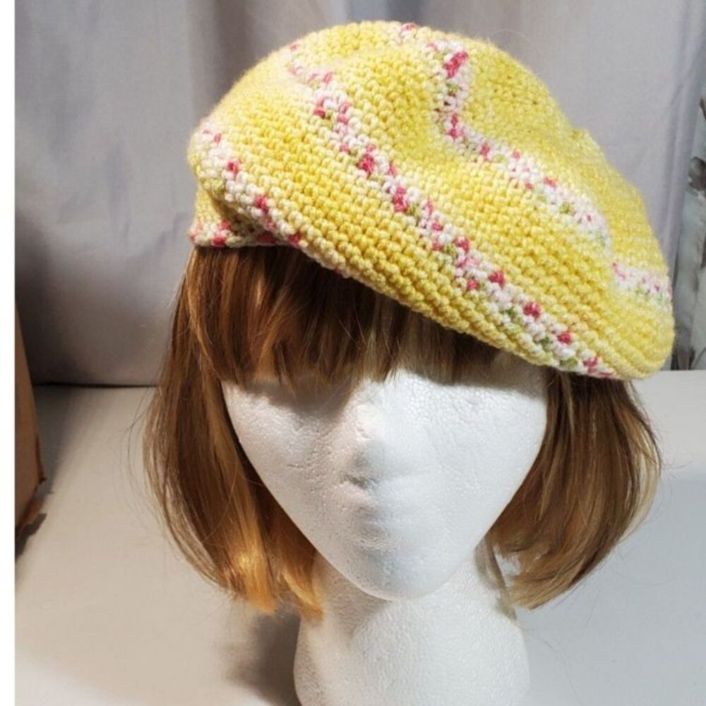 Hand Crochet Yellow Beret or Tam with Flowers  Size Small to Medium